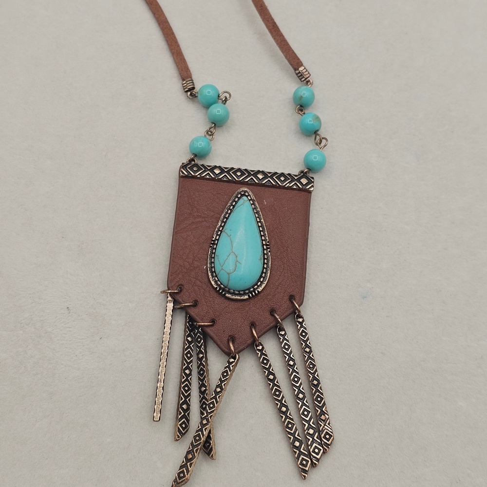 Brown Leather Blue Stone Pendant Necklace Metal Fringe Boho Tribal Southwest - Picture 2 of 13